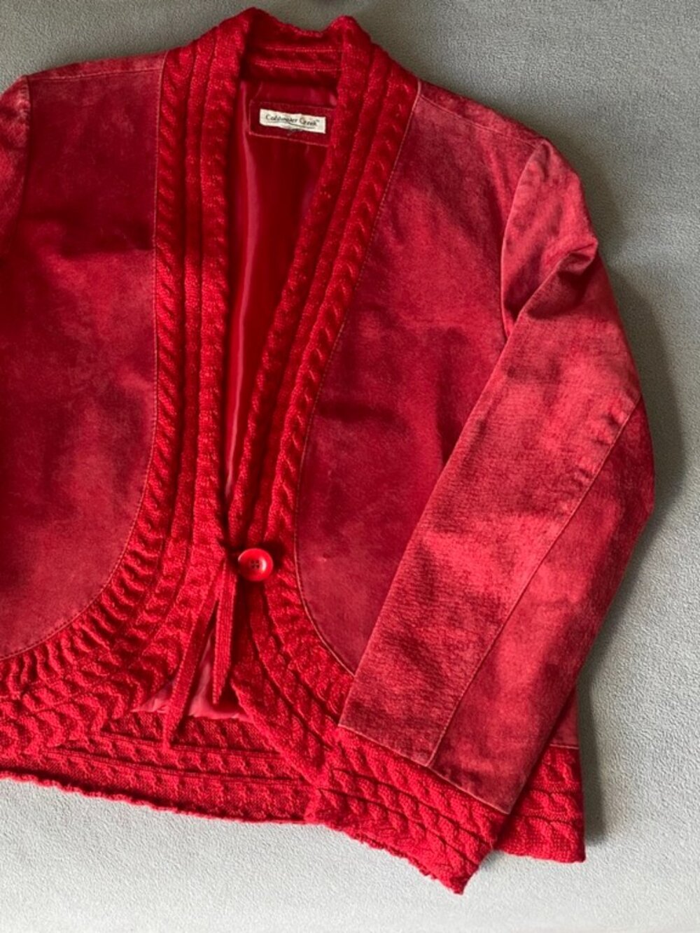 Vintage Red Leather Jacket Suede Textured Knit Trim Statement Piece Medium